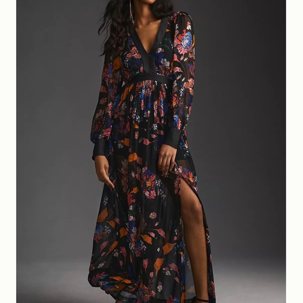 Maeve Black Deep V Pink Floral Printed Long Sleeves Chiffon Maxi Dress 00P